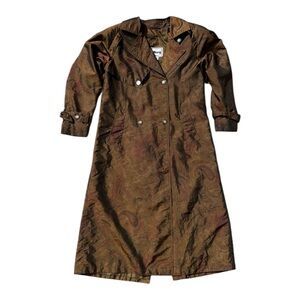 vintage 1990s brown paisley trench coat with several buttons and pockets